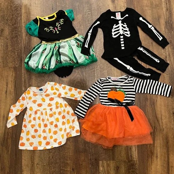 12-24M Halloween Bundle - Frozen Dress, Pumpkin Dress, Skeleton Jams, Tutu Dress - Picture 1 of 5